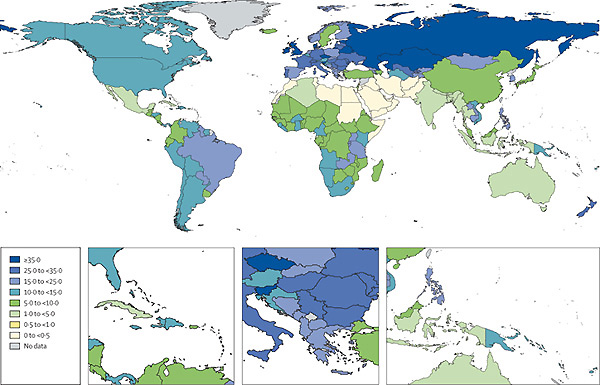 Prevalenza globale della FAS (ogni 10.000 persone) nell'anno 2012